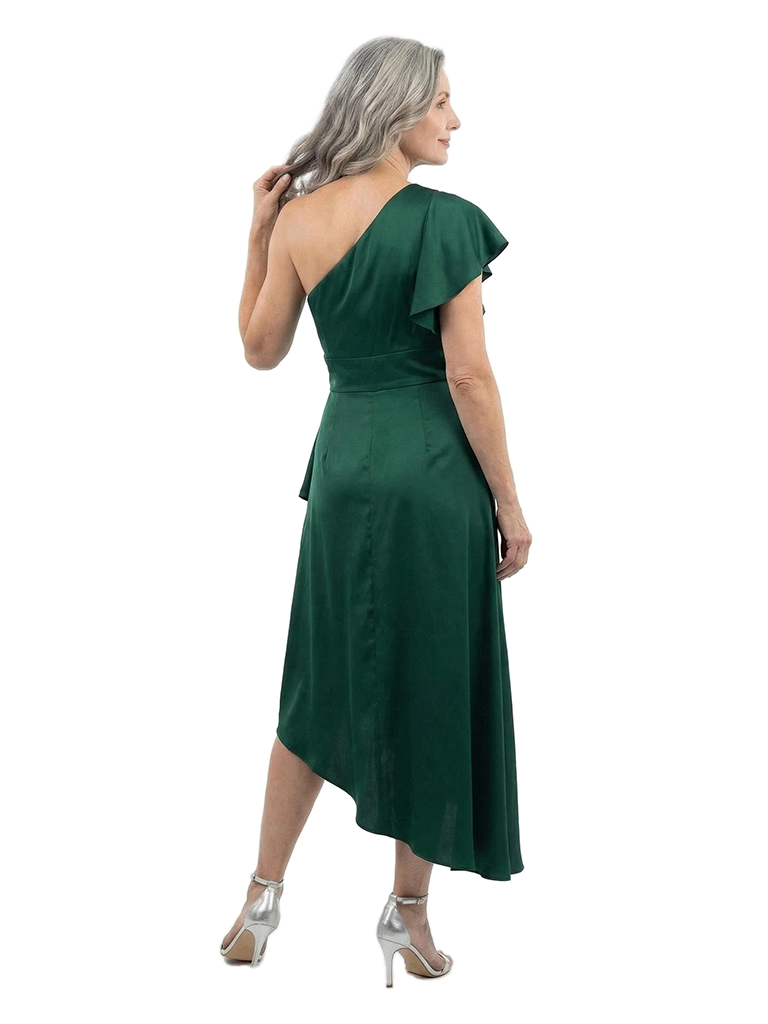 ChicSew One Shoulder Ruffle Sleeve Asymmetrical High Low Length Satin Mother Of The Bride Cocktail Dresses