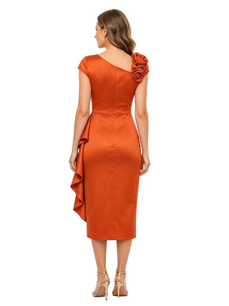 ChicSew Asymmetric Ruffle Mother Of The Bride Gown Satin Sheath Tea-Length