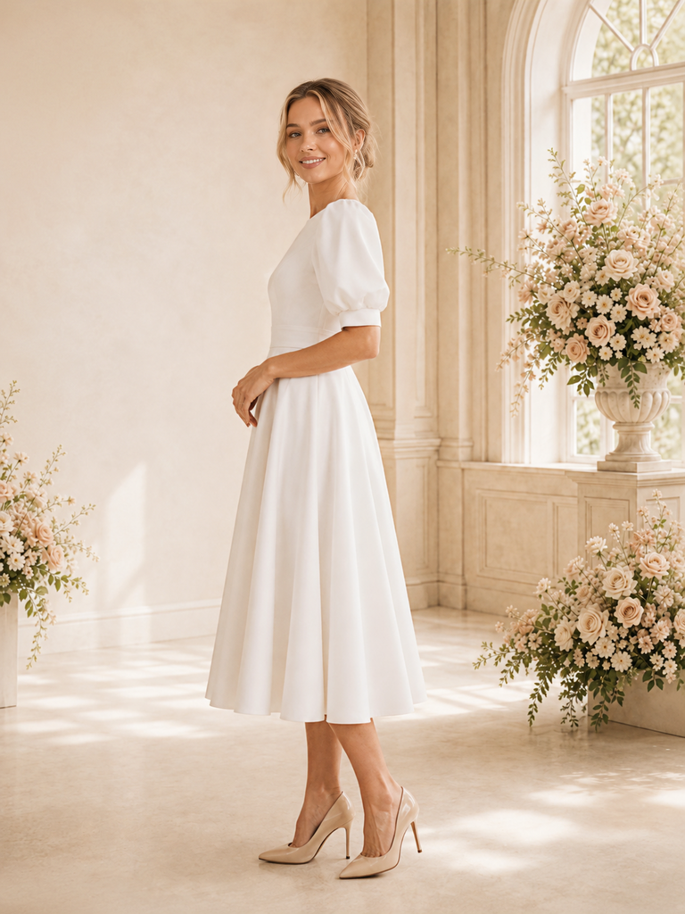 ChicSew Elegant Jewel Short Sleeves A-Line Crepe Tea-Length Wedding Dress