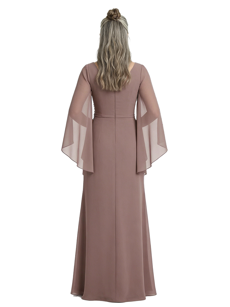 ChicSew Unique V-Neck Ruffle Chiffon Mother Of The Bride Dresses Long Sleeves Sheath Gown