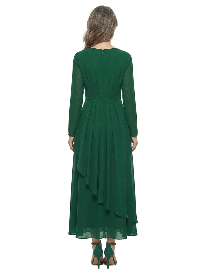 ChicSew Jewel Long Sleeve Asymmetrical Ruffle Hem Chiffon Tea Length Mother of the Bride Dresses