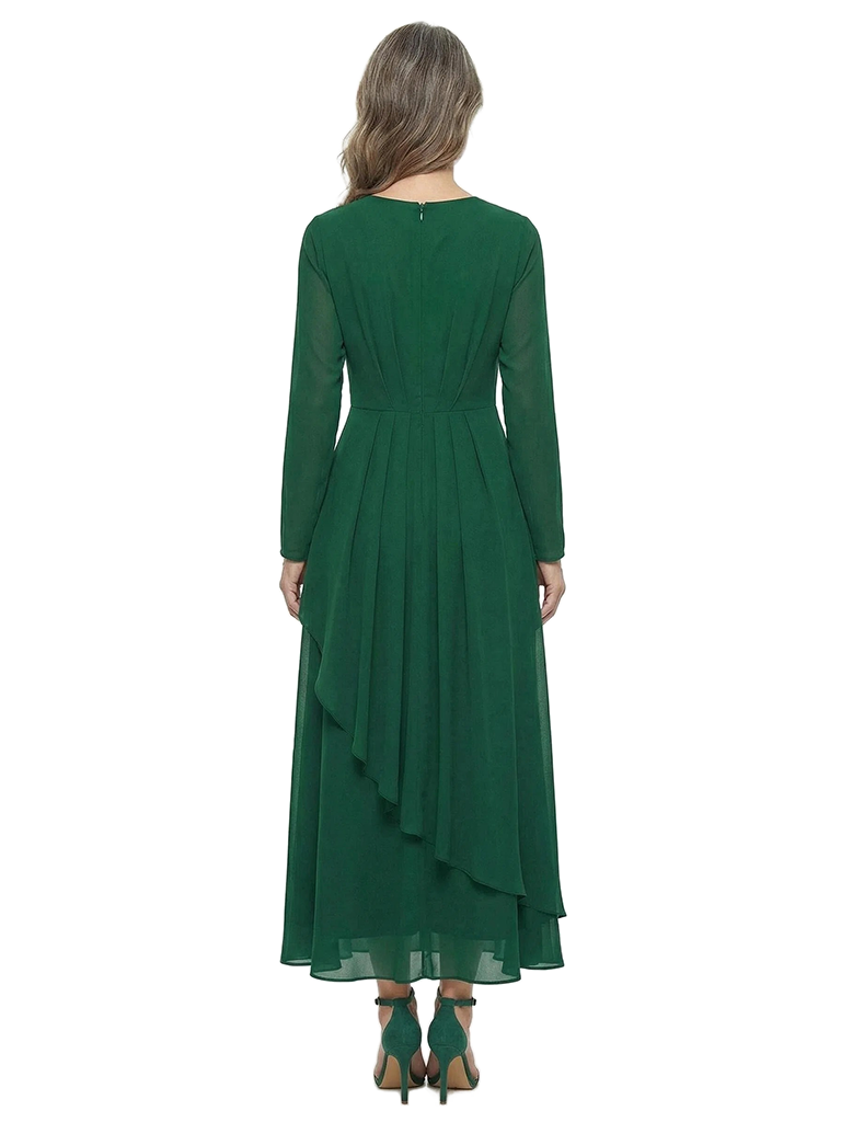 ChicSew Jewel Long Sleeve Asymmetrical Ruffle Hem Chiffon Tea Length Mother of the Bride Dresses