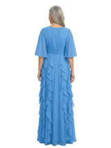 ChicSew Scoop Flutter Sleeve Ruched Waist Ruffle Detail Floor Length Chiffon Flowy Mom Of The Groom Dresses