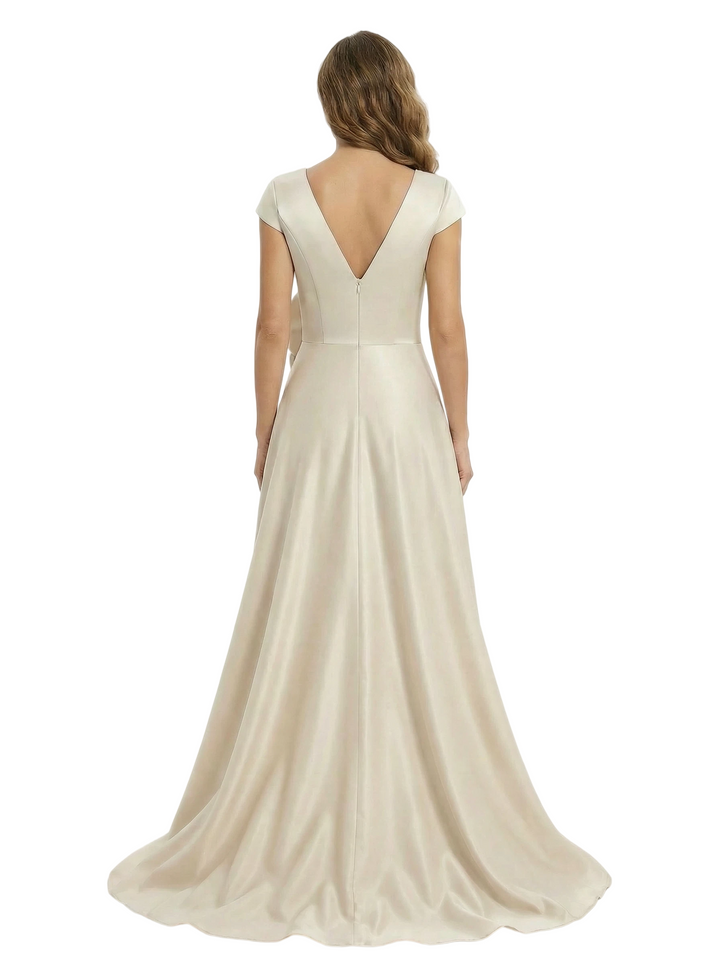 V-Neck Satin Mother Of The Groom Dress Cap Sleeves A-Line Maxi Gown With Handmade Flower