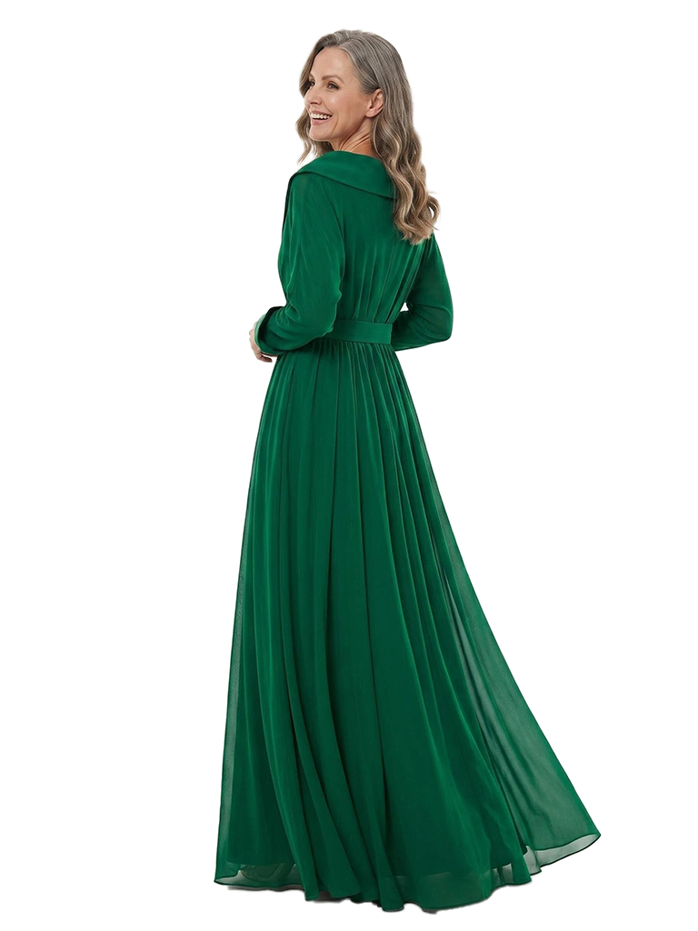 ChicSew Long Sleeves V-Neck Belted Chiffon A-Line Mother Of The Bride Dresses Classy Formal Gowns