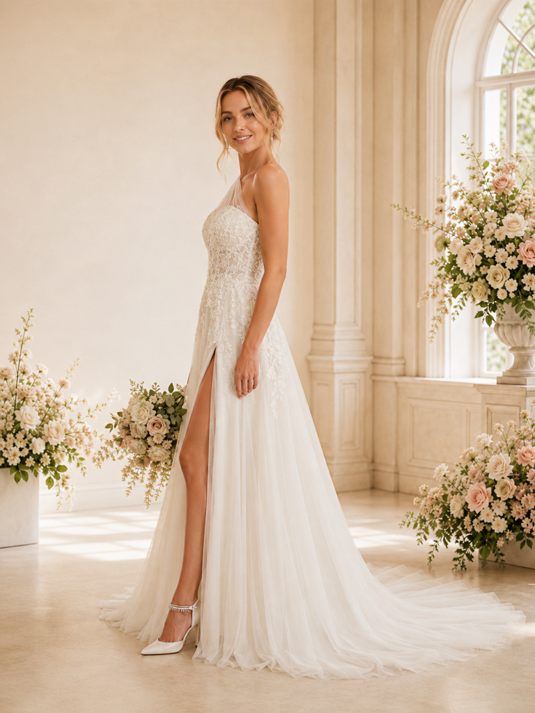 ChicSew Elegant One Shoulder Lace Tulle Side Slit Maxi A-Line Wedding Dress