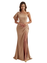 Gorgeous One Shoulder Mermaid Side Slit Silky Satin Long Bridesmaid Dress For Wedding