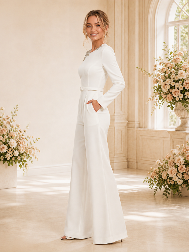 ChicSew Modern Round Neck Long Sleeves Crepe Floor-Length Wedding Jumpsuit With Applique