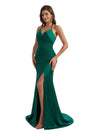 Sexy Halter V-Neck Mermaid Ruched Satin Long Bridesmaid Dresses Side Split