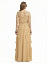 ChicSew Illusion 3/4 Sleeve Lace Beaded Waist Layered Ruffle Long Chiffon Mother of the Bride Dresses