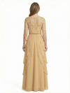ChicSew Illusion 3/4 Sleeve Lace Beaded Waist Layered Ruffle Long Chiffon Mother of the Bride Dresses