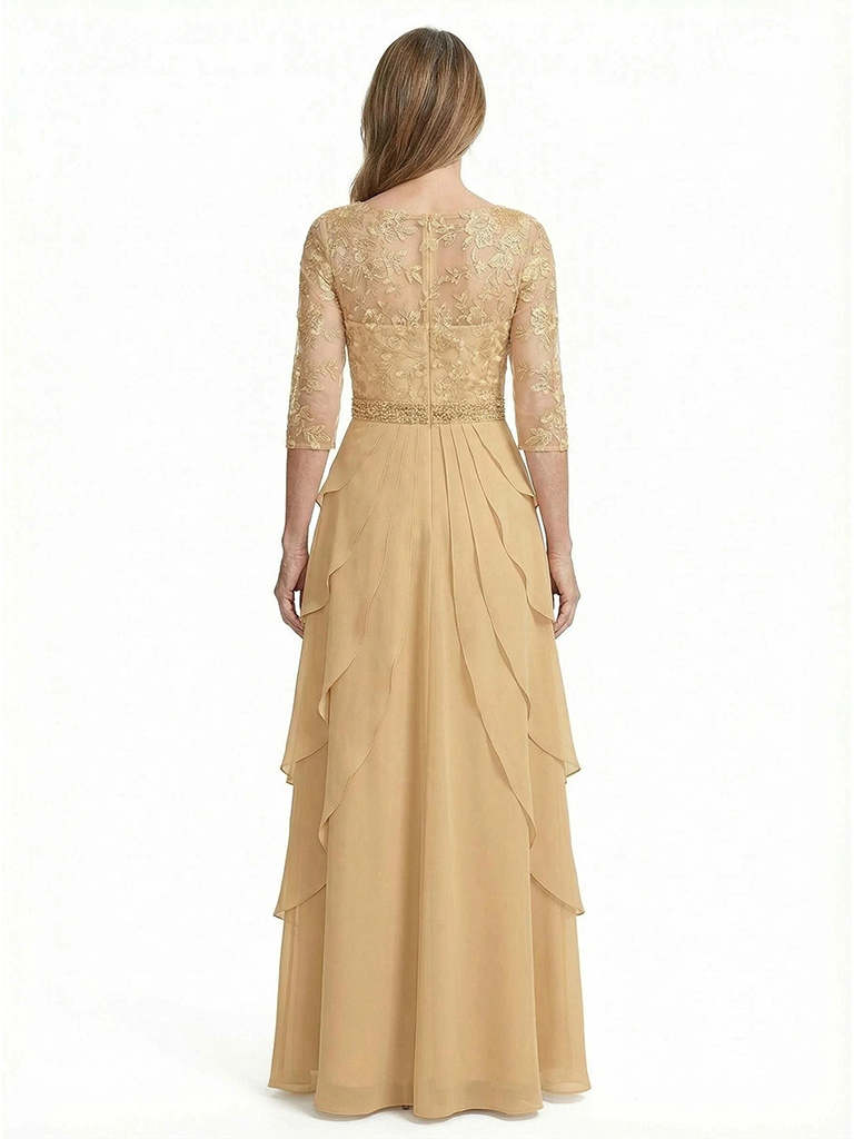 ChicSew Illusion 3/4 Sleeve Lace Beaded Waist Layered Ruffle Long Chiffon Mother of the Bride Dresses