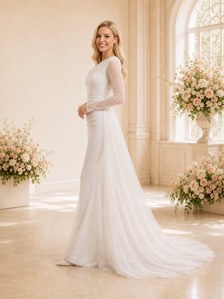 ChicSew Unique Mermaid Asymmetrical Neckline Glitter Tulle Long Sleeves Maxi Wedding Dresses With Overskirt