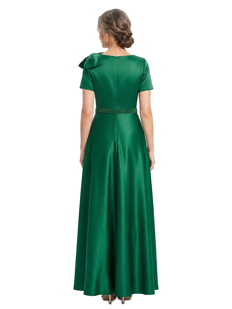 ChicSew Elegant A-Line Beaded Mother Of The Bride Dresses Short Sleeves Silky Satin Beaded Formal Gown