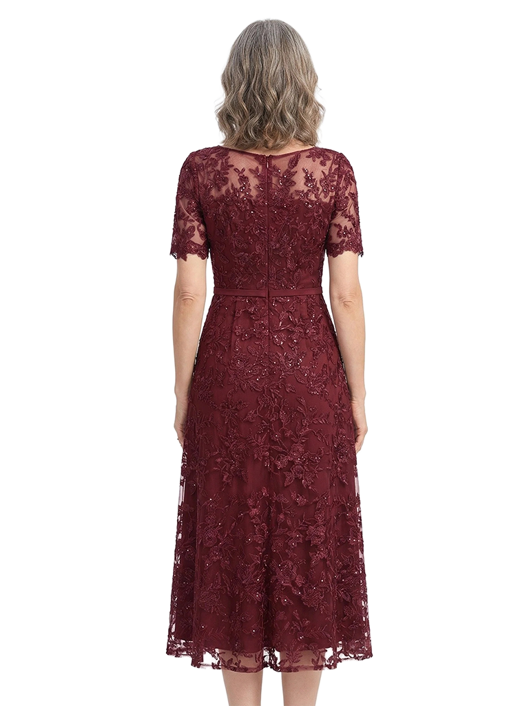 ChicSew Classy Lace A-Line Midi Mother Of The Bride Dress With Short Sleeves Illusion Neckline