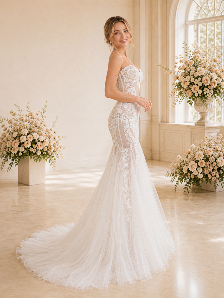 ChicSew Sexy Mermaid Lace Applique Tulle Sweetheart Boning Maxi Long Wedding Dress