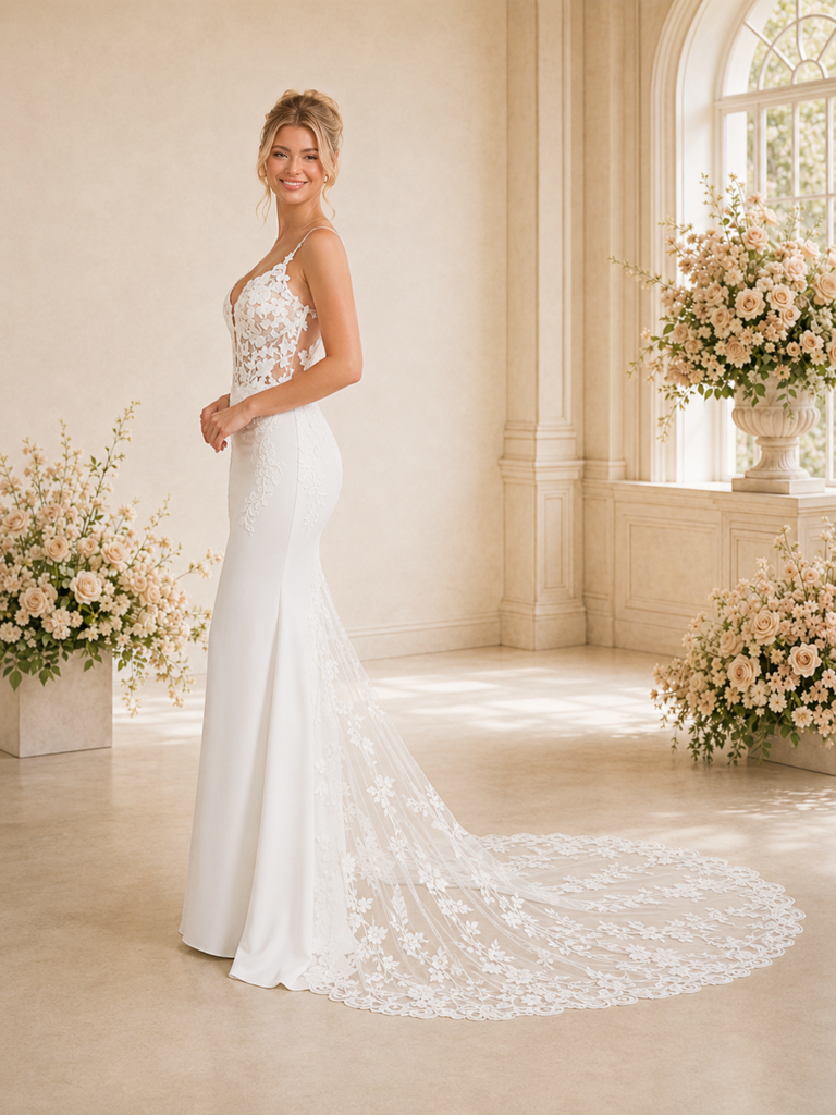 ChicSew Classy Mermaid Spaghetti Straps Sleeveless Lace Tulle Satin Maxi Wedding Dress With Train