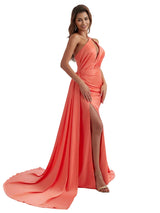 Sexy One Shoulder Mermaid Ruched Satin Formal Long Bridesmaid Dresses Side Split