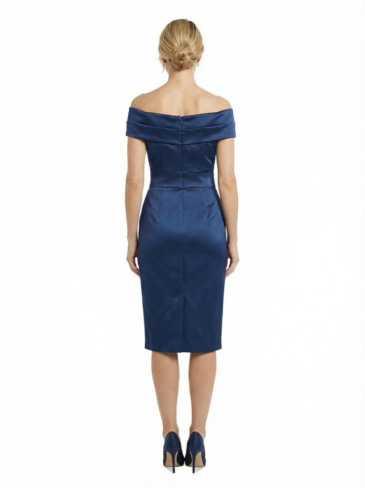 Simple Off Shoulder Ruched Satin Knee-Length Sheath Mother Of The Bride Dresses