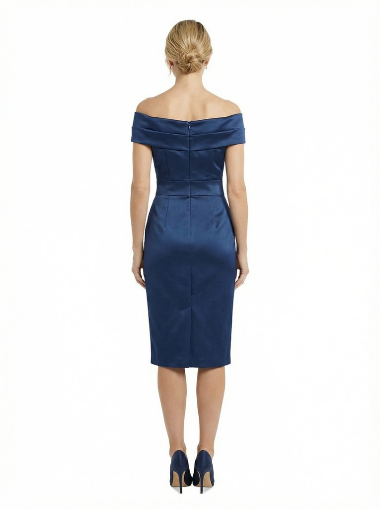 Simple Off Shoulder Ruched Satin Knee-Length Sheath Mother Of The Bride Dresses