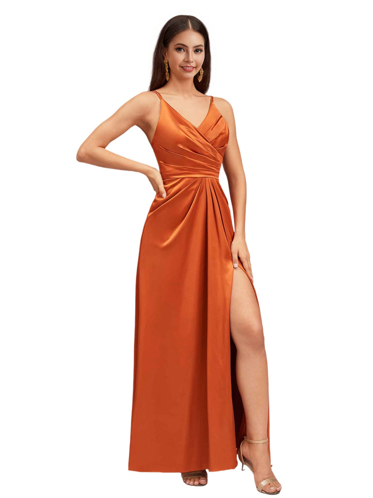 Elegant Spaghetti Straps V-Neck A-Line Soft Satin Ankle-Length Bridesmaid Dresses