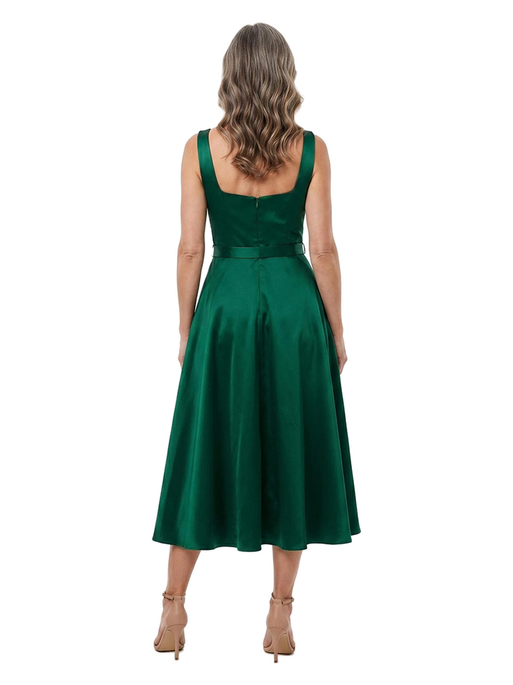 ChicSew Square Sleeveless Belted Satin Midi A-Line Mother of the Bride Dress