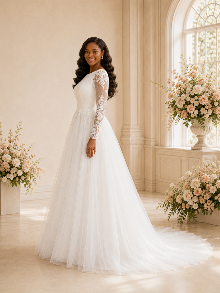 ChicSew Elegant Bateau Long Sleeves Tulle Maxi Wedding Dress With Lace Appliques