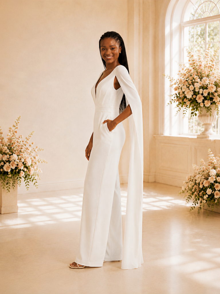 ChicSew Modern V-Neck Crepe Floor-Length Wedding Jumpsuit With Cape Sleeves