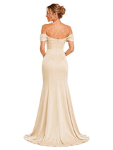 ChicSew Beautiful Off Shoulder Soft Satin Mermaid Ruched Long Bridesmaid Dresses