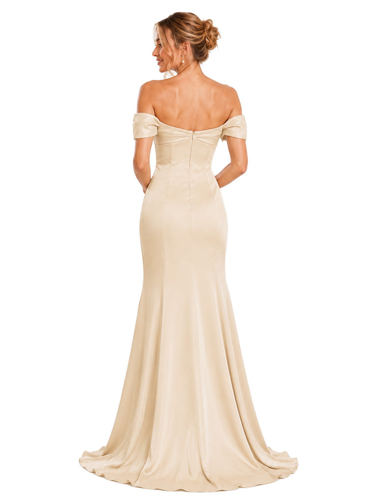 ChicSew Beautiful Off Shoulder Soft Satin Mermaid Ruched Floor Bridesmaid Dresses