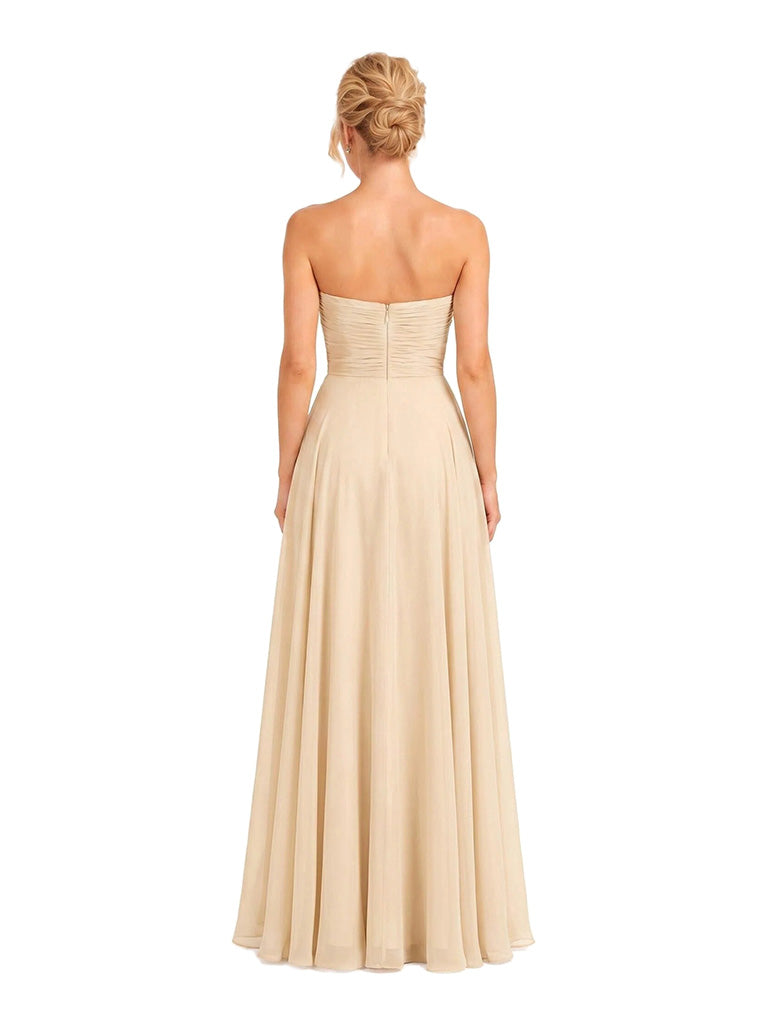 ChicSew Unique Strapless Plunging Sweetheart Chiffon A-Line Pleated Long Bridesmaid Dresses