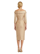 Modern Boat Neck Long Sleeve Midi Mother of the Bride Dress Wth Bow Waist