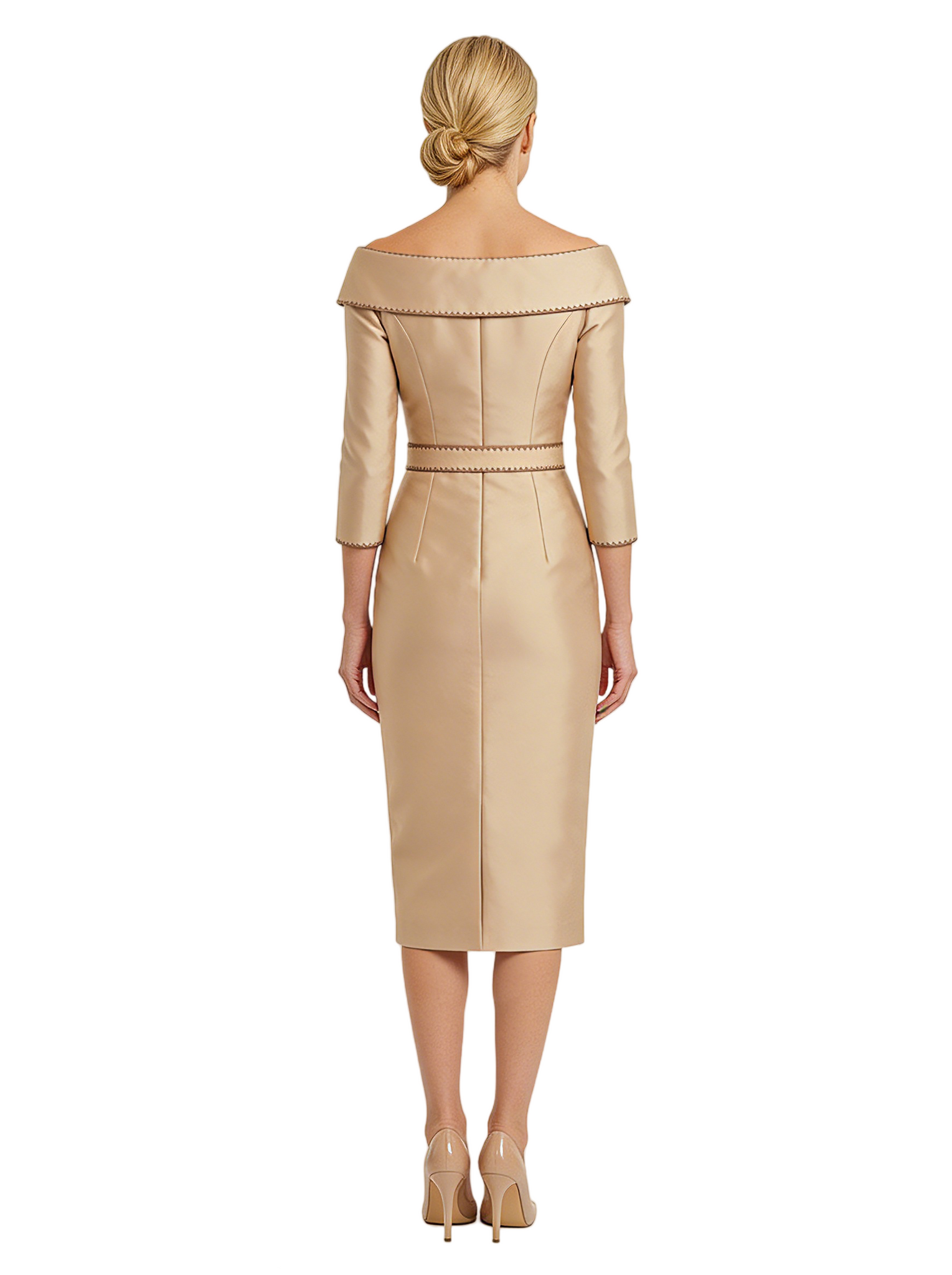 Modern Boat Neck Long Sleeve Midi Mother of the Bride Dress Wth Bow Waist