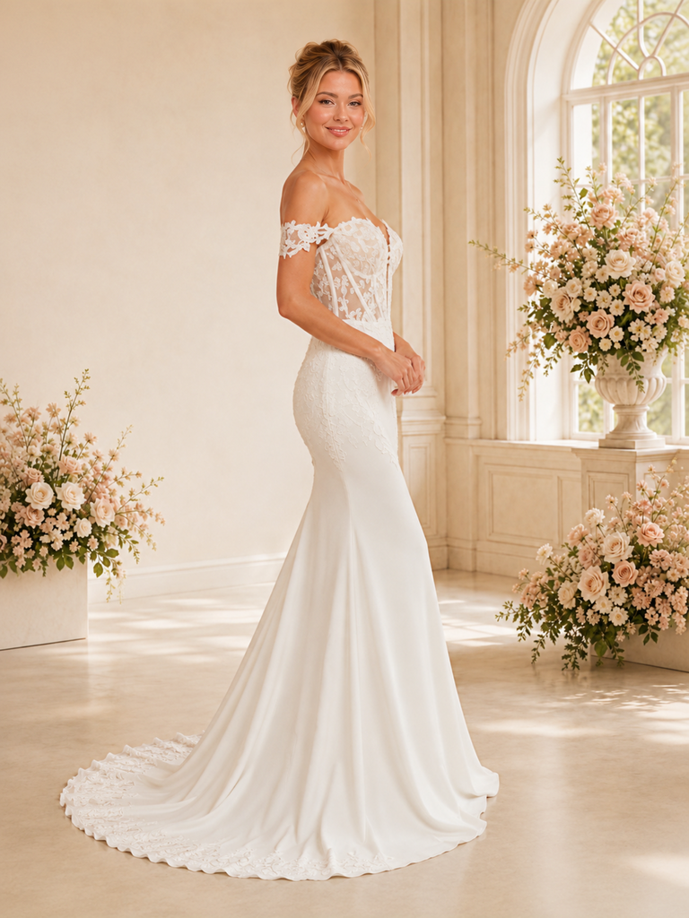 ChicSew Fancy Off The Shoulder Crepe Boning Mermaid Maxi Wedding Dress With Lace Applique