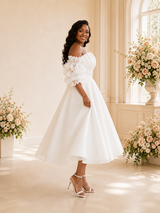 ChicSew Fancy Strapless Ruching Puff Sleeves A-Line Tea-Length Wedding Dress
