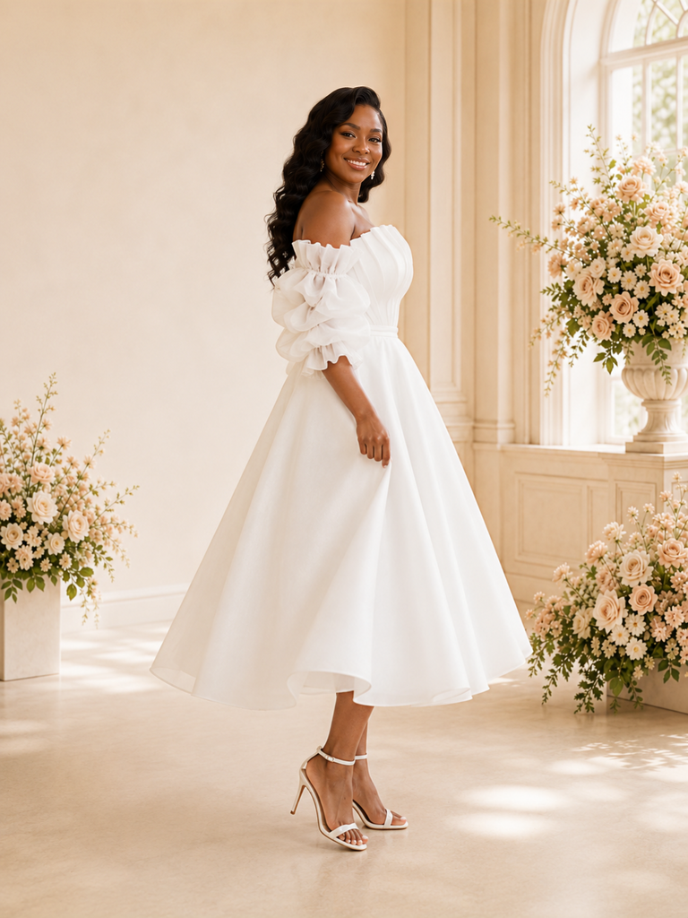 ChicSew Fancy Strapless Ruching Puff Sleeves A-Line Tea-Length Wedding Dress