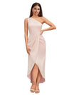 Elegant One Shoulder Slit High Low Soft Satin Midi Bridesmaid Dresses Online