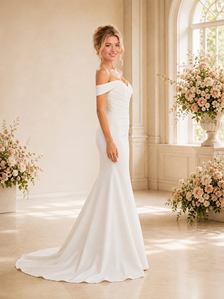 ChicSew Fancy Off The Shoulder Ruching Sleeveless Mermaid Crepe Long Wedding Dress