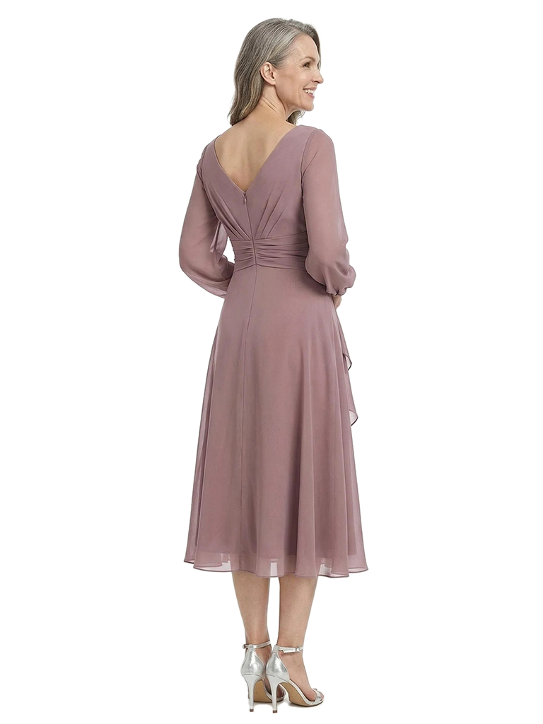 ChicSew Modern Long Sleeves V-Neck Tea-Length Chiffon Ruffle A-Line Mother Of The Bride Dresses