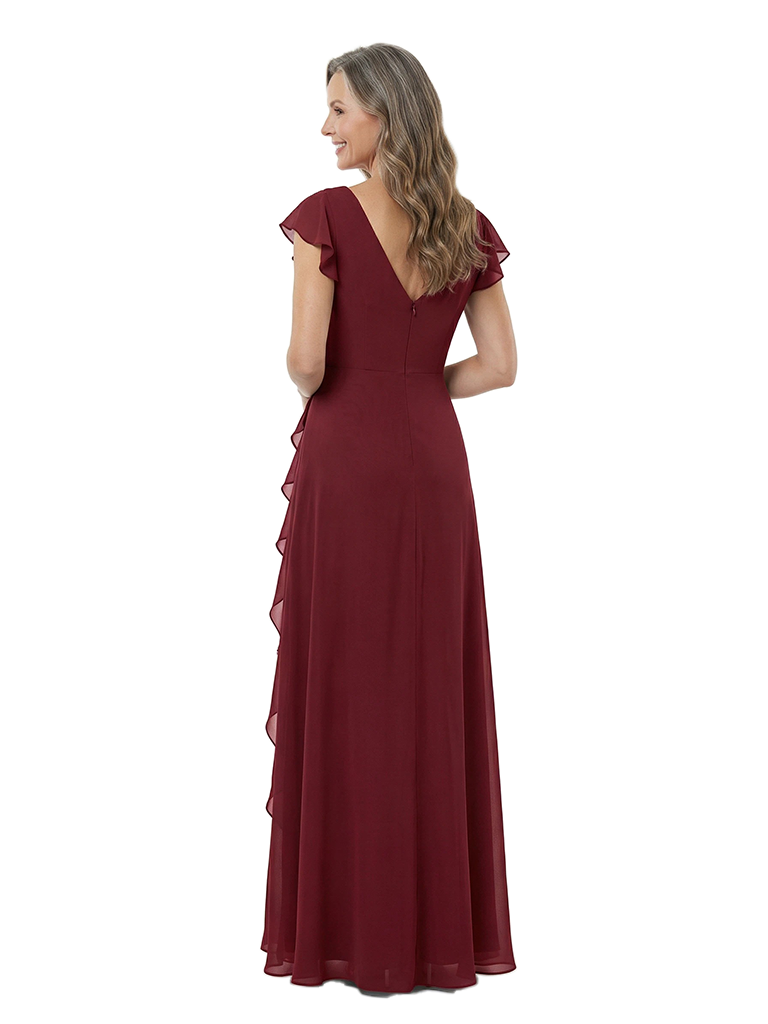 ChicSew V-Neck Short Flutter Sleeve Ruffle Side Detail Floor Length Chiffon Formal Mother Of The Bride And Groom Dresses