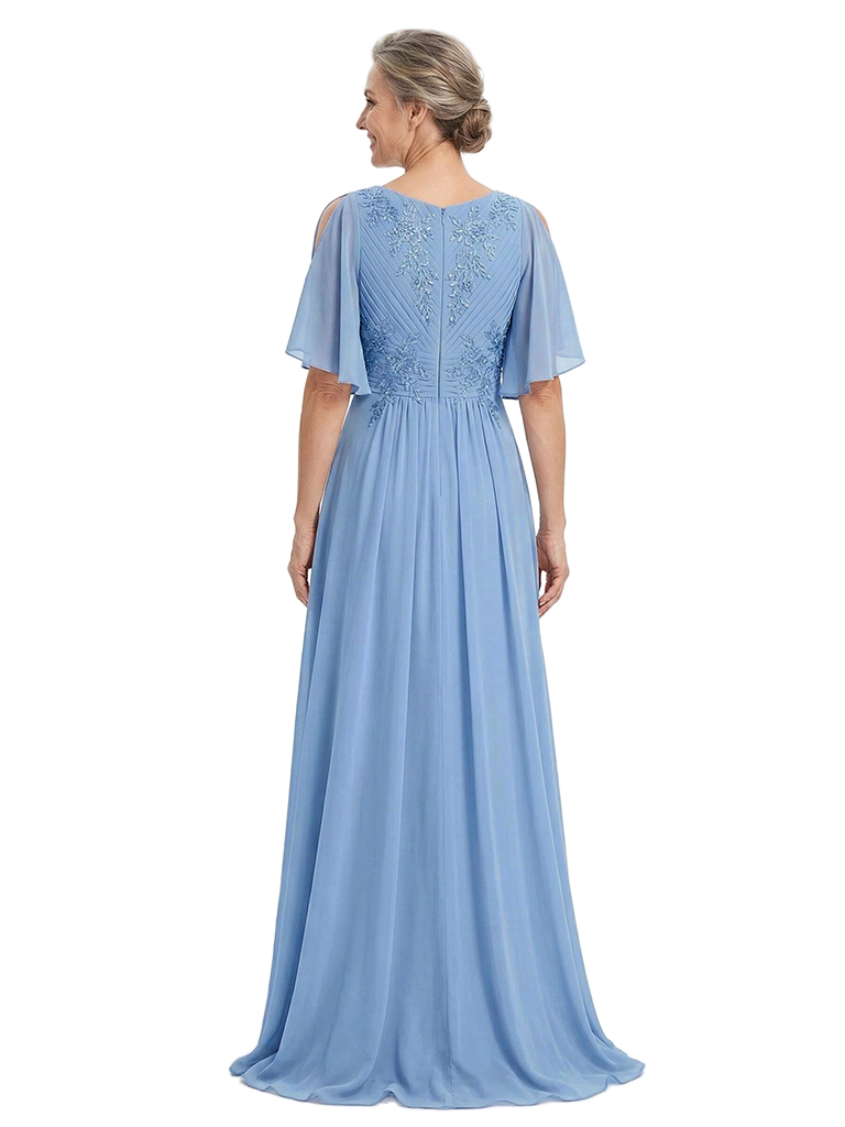 ChicSew Beautiful V-Neck Chiffon Mother Of The Bride Gown With Flutter Sleeves Lace Applique