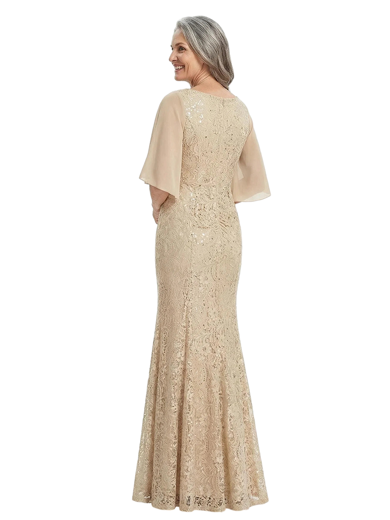 ChicSew Flutter Sleeves V-Neck Lace Appliques Sequin Chiffon Mermaid Mother Of The Groom Dress