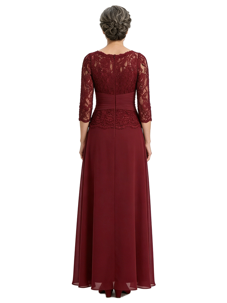 ChicSew Jewel 3/4 Sleeve Lace Bodice Rhinestone Waist Floor Length Chiffon Formal Mother Of The Bride And Groom Dresses