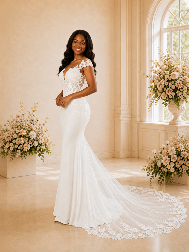 ChicSew Fancy V-Neck Crepe Mermaid Maxi Wedding Dress With Lace Applique