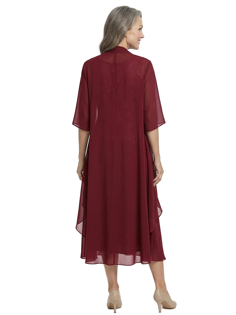 ChicSew Jewel 3/4 Sleeve Chiffon Jacket Lace Tea Length Chiffon Mother Of The Bride And Groom Dresses