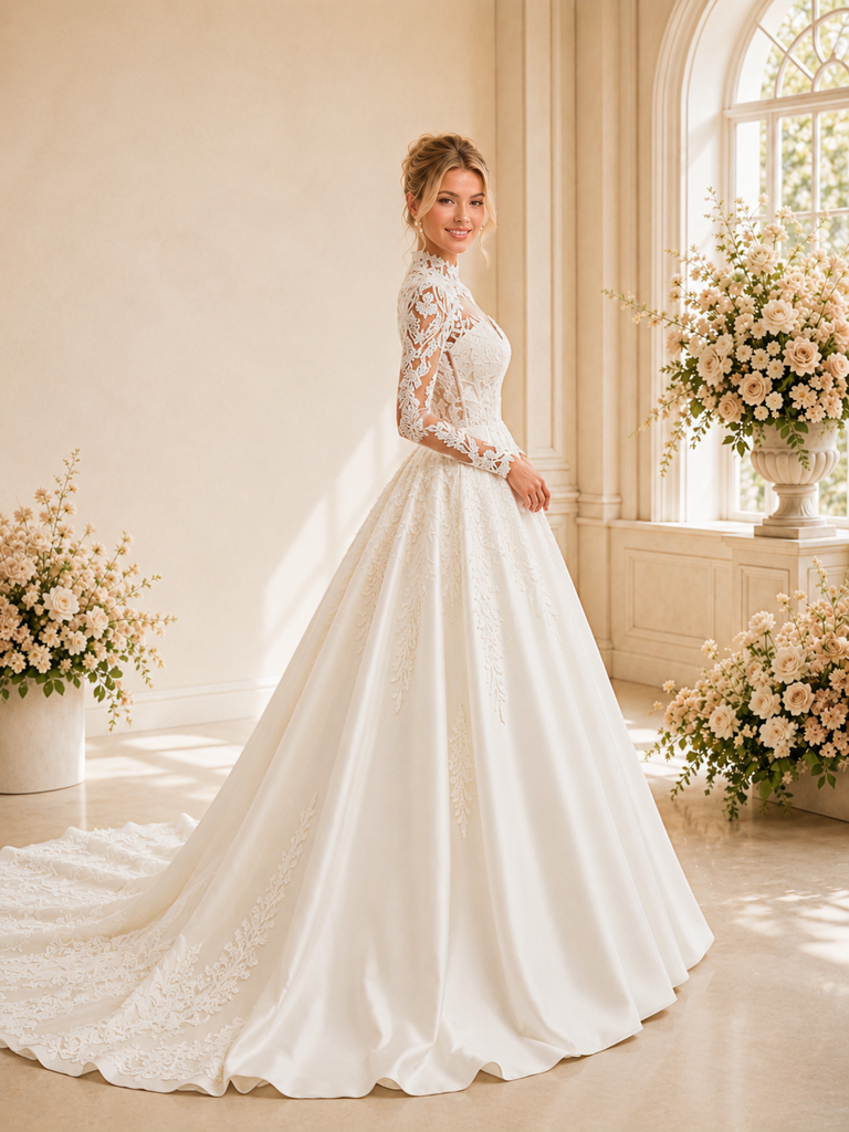 ChicSew Elegant High Neck Long Sleeve Lace Appliques Satin A-Line Long Wedding Dress