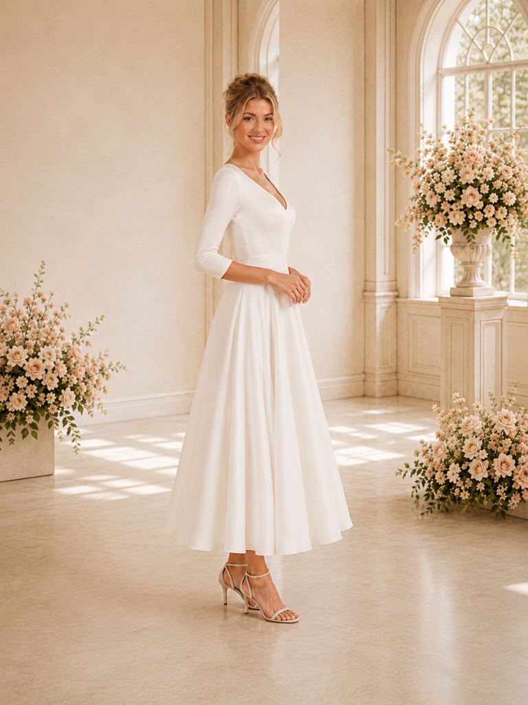 ChicSew Simple V-Neck 3/4 Sleeves Crepe Tea-Length Wedding Dresses