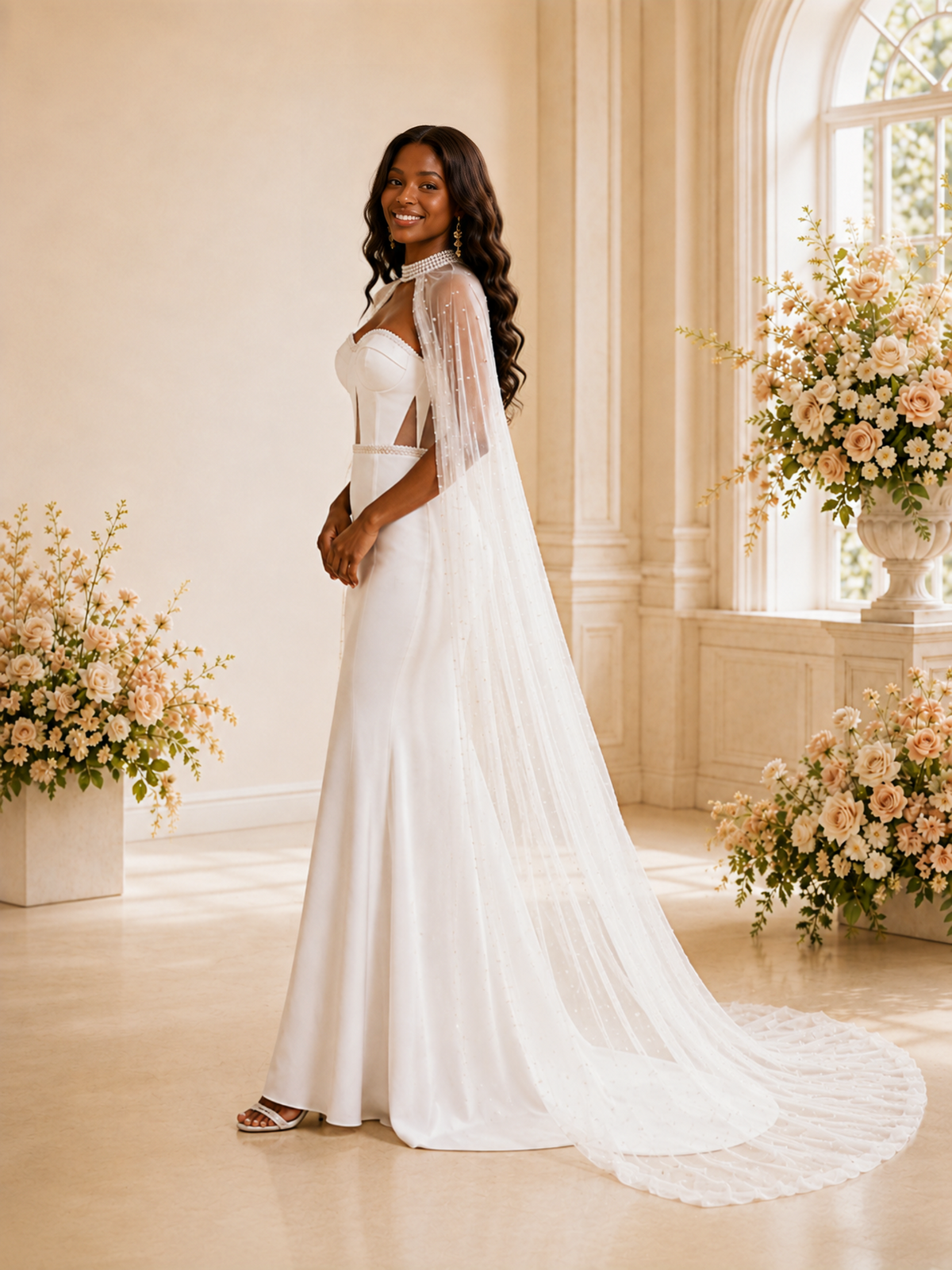 ChicSew Unique Fancy Mermaid Sweetheart Crepe Beaded Maxi Long Wedding Dress With Lace Cape