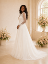 ChicSew Elegant Fancy V-Neck Long Sleeves Tulle A-Line Open Back Wedding Dress With Lace Applique
