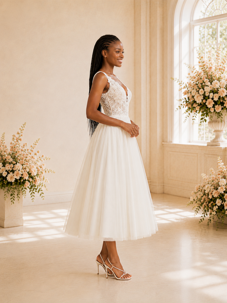 ChicSew Modern A-Line V-Neck Sleeveless Lace Tulle Tea-Length Wedding Dress